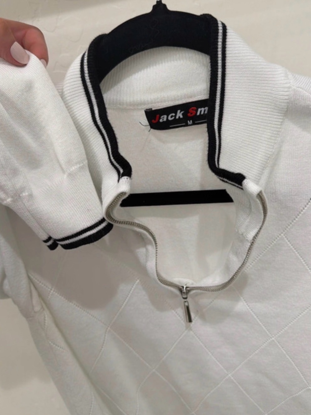 White Quarter-Zip Quilted Sweater with Black Trim